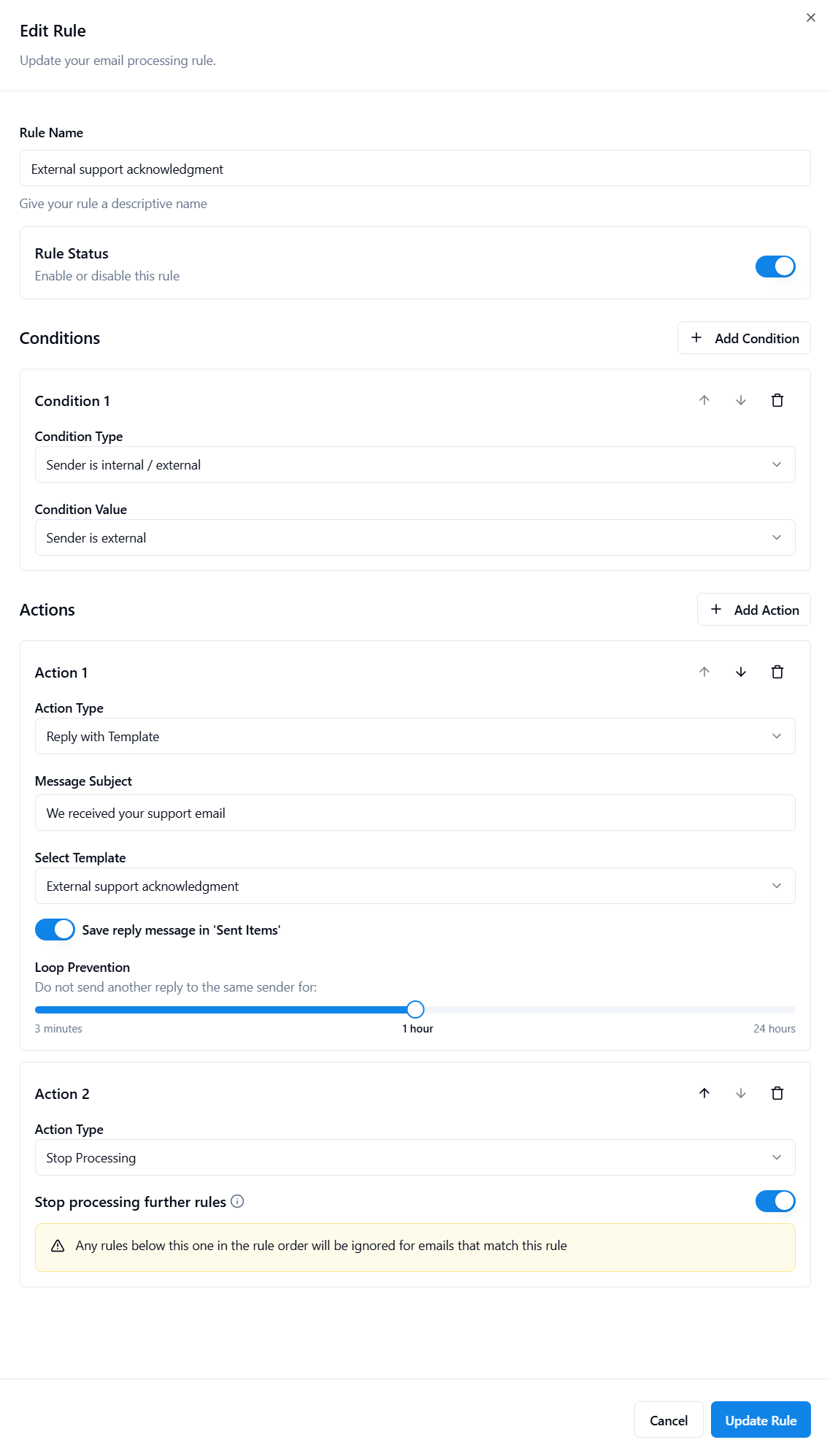 Full AutoReply365 external-only senders rule configuration