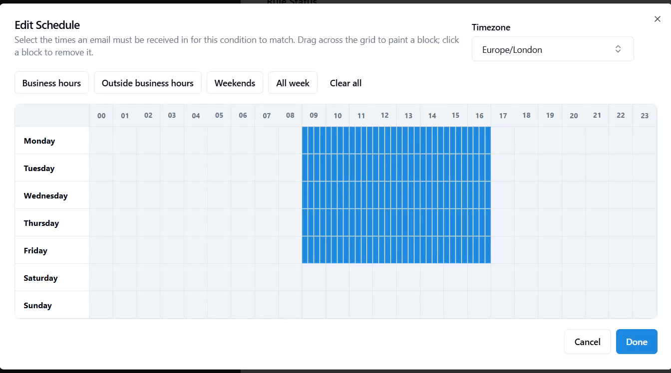 Weekly reply schedule with Friday 00:00–24:00 selected and the other six days empty.