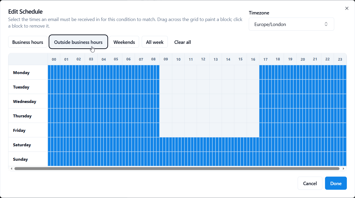 AutoReply365 weekly schedule showing Monday to Friday 00:00–09:00 and 17:00–24:00, with full weekends in Europe/London.