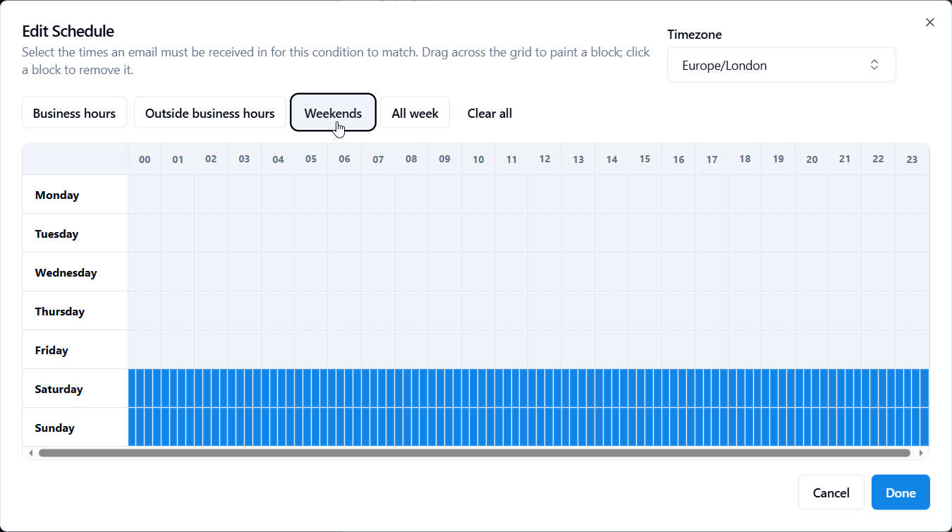 Weekly reply schedule with weekend selected and weekdays empty.