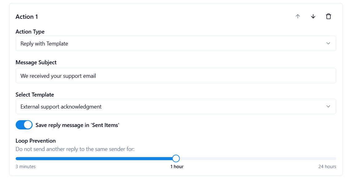 AutoReply365 “Reply with template” action configuration.